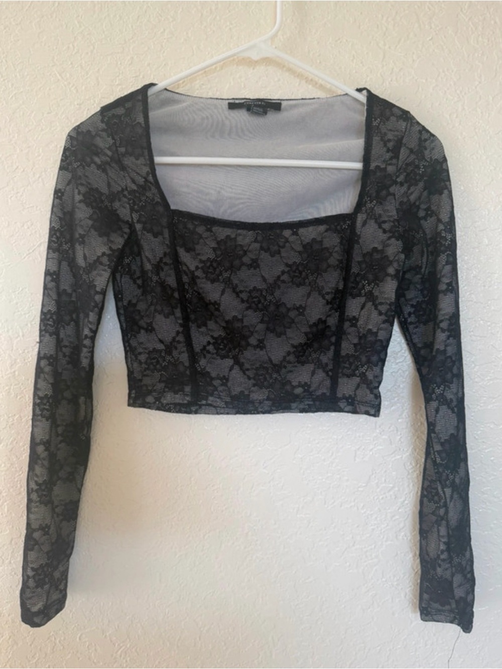 Forever 21 Black Sheer Lace Long-Sleeve Cropped Top